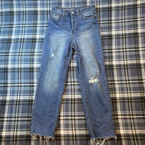 Vanilla Star Real Cheeky Distressed Button Fly Jeans Medium Wash Raw Hem Size 7